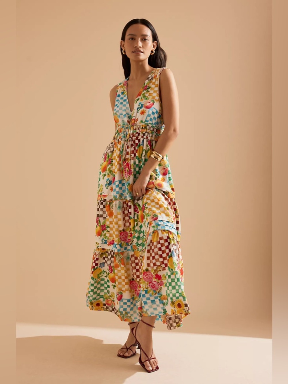 Anthropologie Somerset Sleeveless Multi-Color Floral & Check Summer Maxi Dress